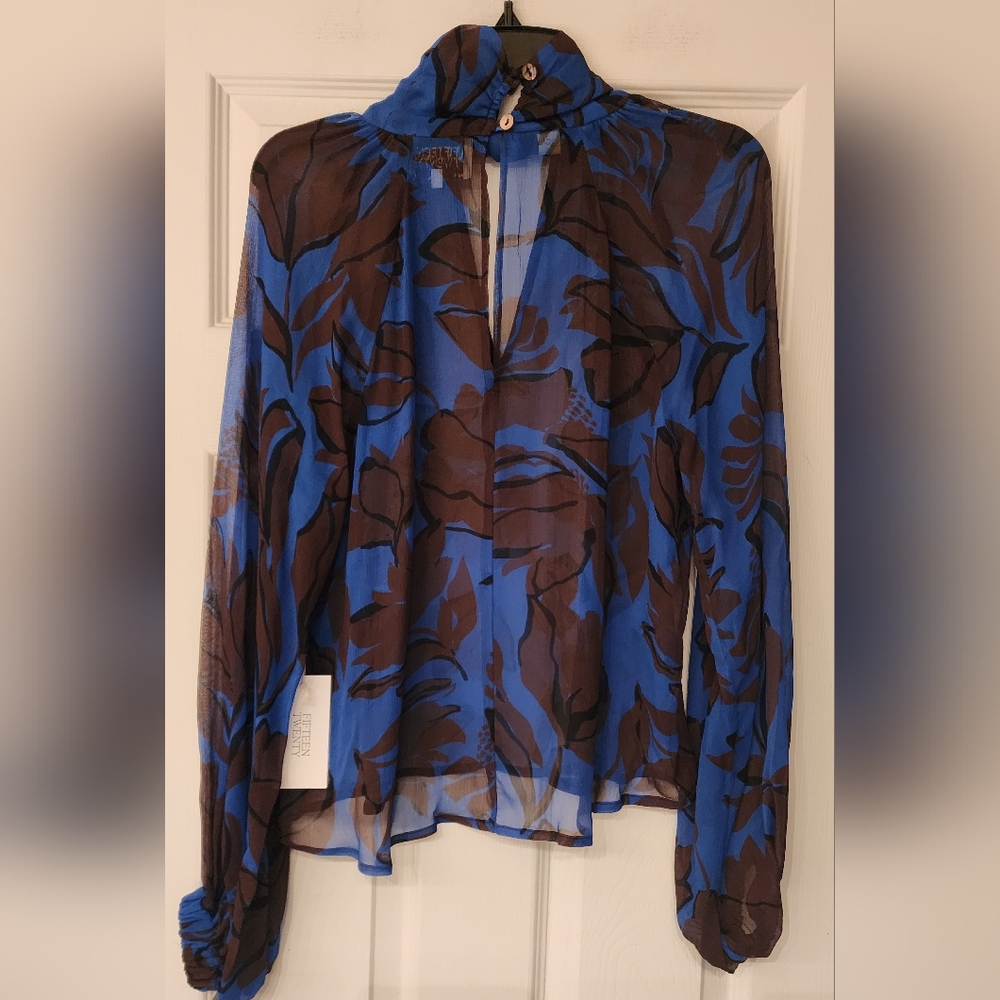 FIFTEEN TWENTY Alana Keyhole Ballon Sleeve Top In Blue/brown Size Small - Picture 3 of 12